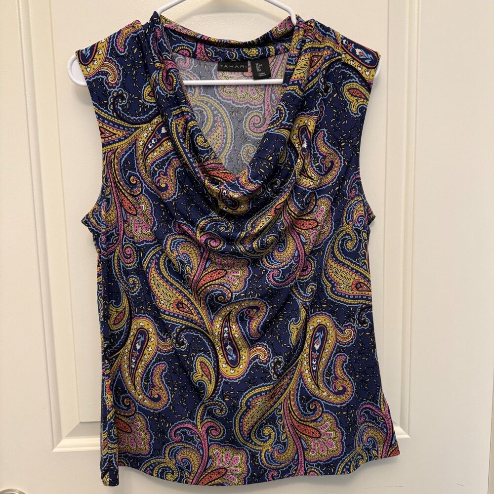 Tahari Paisley Cowl Neck Sleeveless Blouse L Navy Stretchy - Picture 4 of 6